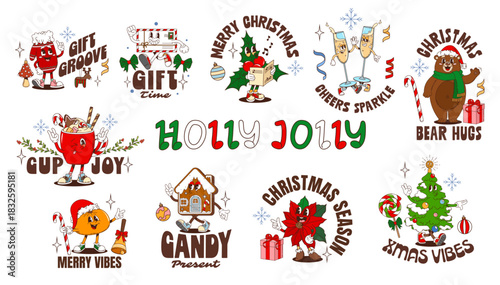 Christmas characters hippie y2k groovy xmas stickers. Cartoon vector singing holly, cocoa cup and bear, festive envelope, mandarin in Santa hat, gingerbread house cookie with poinsettia and pine tree