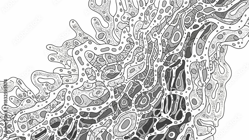 Naklejka premium Abstract Black and White Organic Pattern with Cells and Bubbles
