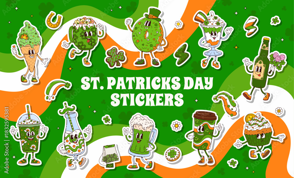 Naklejka premium Funny groovy St Patrick day characters of Irish holiday desserts and drinks, cartoon vector. Groovy green ale beer mug with funny face, donut in leprechaun hat with Saint Patrick cupcake characters