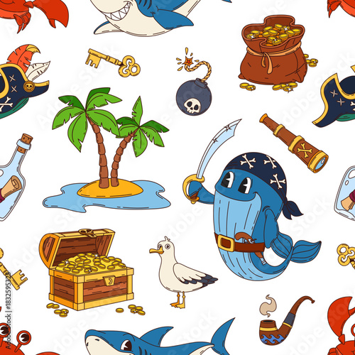 Funny animal pirates seamless pattern with whale corsair in sailor bandana and treasure chest, vector background. Kids cartoon pattern of Caribbean island with captain hat, gold coins and crab animal