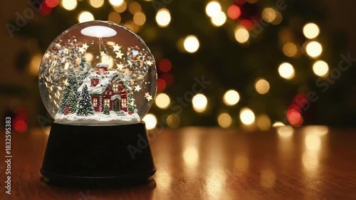 Magical Christmas snow globe with winter house on wooden table against glowing bokeh holiday lights