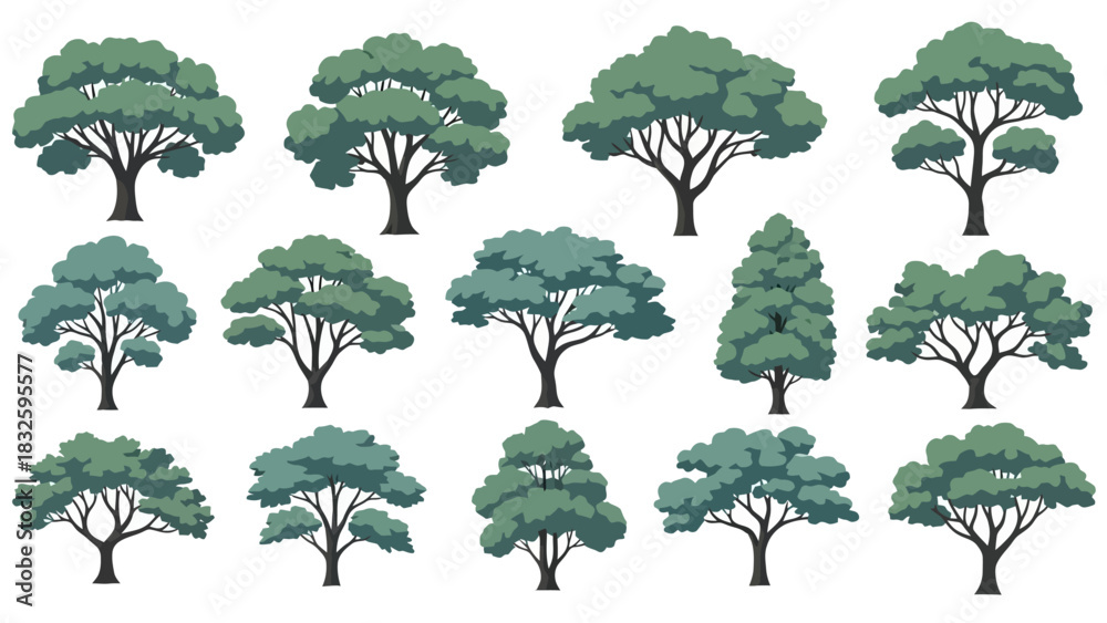 Fototapeta premium Diverse Collection of Illustrated Trees in Various Shapes and Styles for Nature and Design Projects