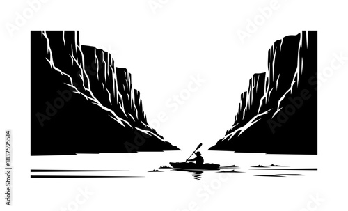 Kayaker explores stunning canyon river, vector adventure travel graphic