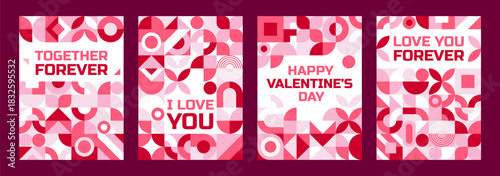 Valentine day posters with geometric shapes and love holiday quotes, vector greeting cards. Valentine day posters with geometric heart shape pattern, I love You and together forever quotes of love