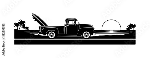 Vintage truck with surfboard at sunset coastal adventure ready