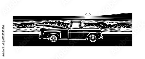 Vintage truck with surfboard drives along the coast at sunset