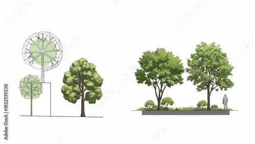 Urban Trees Detailed Illustrations of Greenery and Architectural Integration in Cityscapes