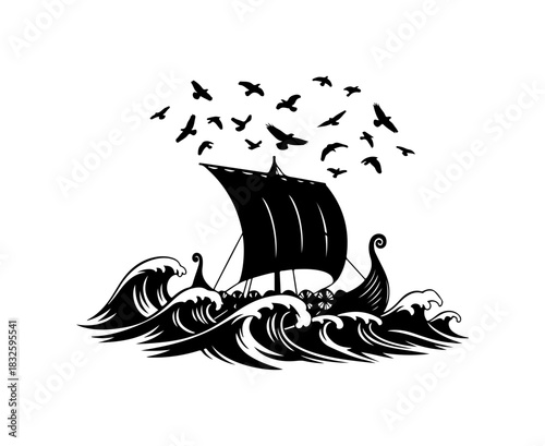 Bold viking ship soaring through stormy seas with flock of ravens