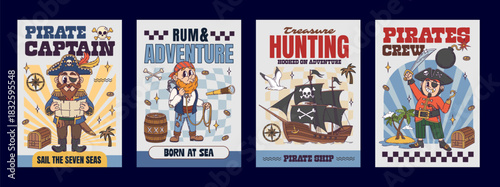 Pirate corsair groovy hippie characters posters, vector cartoon captain sailors. Y2K groovy pirate characters with treasure map, corsair ship Jolly Roger flag and boatswain with rum barrel on posters