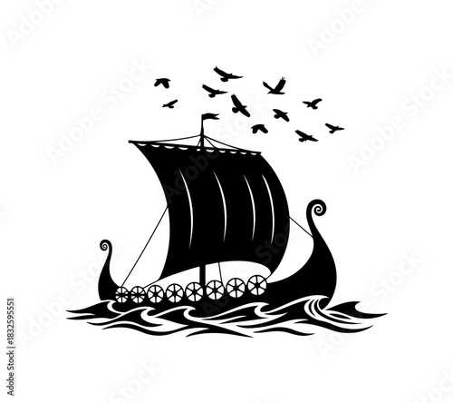 Viking ship sailing through waves, birds flying, ancient history tale