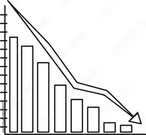 Hand drawn bar graph showing a downward trend with an arrow chart decline