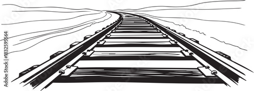 Hand-drawn sketch of a curved railroad track in a landscape railway tracks