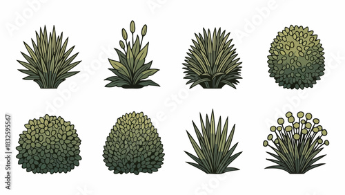 A collection of diverse pixel art bushes and shrubs, showcasing various foliage types and plant forms suitable for digital garden designs or game assets