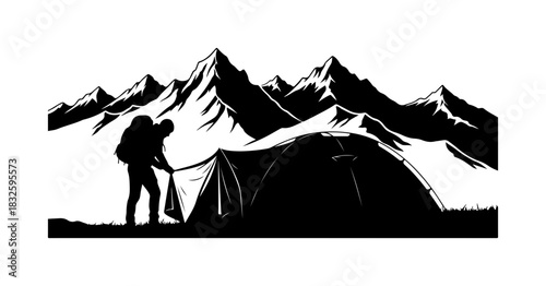 Adventurer setting up camp amidst stunning mountain scenery vector