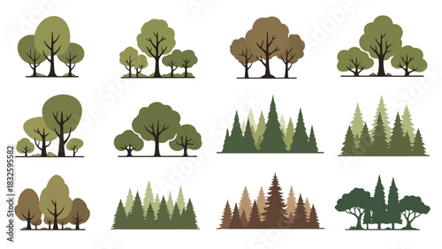 Collection of flat vector tree and forest icons. A diverse set of green deciduous and coniferous plant silhouettes for landscape design