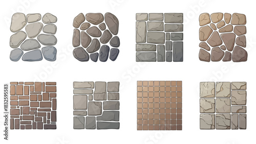 Collection of various paving stone patterns and textures for landscaping and construction