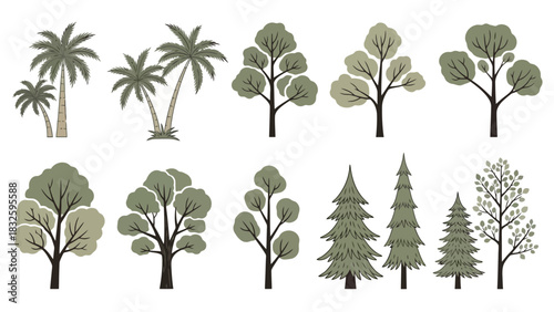 A versatile set of stylized tree illustrations, showcasing a variety of species like palm, deciduous, and coniferous trees for nature-themed designs