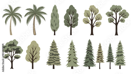 Diverse collection of illustrated trees featuring various species like palm, deciduous, and coniferous, perfect for nature-themed design projects and landscape elements