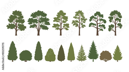 Stylized vector illustrations of various green trees, including deciduous and coniferous types, alongside garden bushes and shrubs, perfect for landscape design
