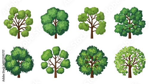 Collection of eight stylized green trees in illustration format