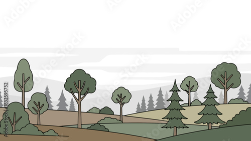 Minimalist Cartoon Landscape Illustration Featuring Diverse Trees, Rolling Hills, and Lush Foliage Under a Soft, Overcast Sky, Ideal for Nature-Themed Backgrounds and Web Designs