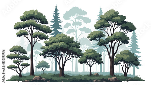 Stylized illustration of a serene green forest landscape with diverse trees on a white background