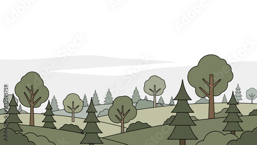 Calm and serene woodland scenery illustration with various green trees and misty hills in a flat design style
