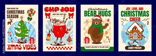 Christmas groovy hippie characters vintage posters. Vector festive retro greeting cards with cartoon decorated tree, hot cocoa mug, cheerful bear, and gingerbread house with seasonal holiday gifts
