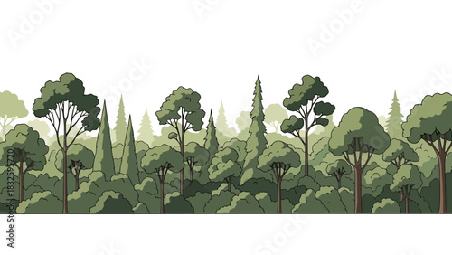 Seamless Vector Illustration of a Lush Forest Landscape with Diverse Trees and Foliage, Nature