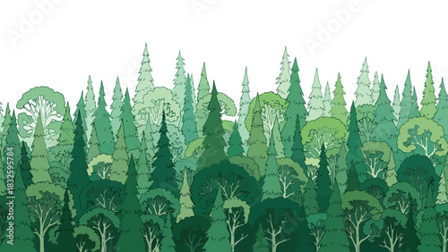 Lush green forest vector illustration of diverse tree types in a seamless pattern, ideal for nature-inspired backgrounds, eco-friendly designs, or vibrant borders