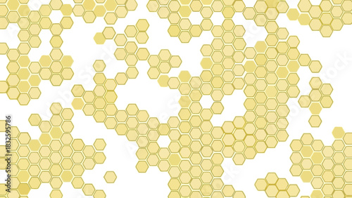 Dynamic abstract pattern featuring numerous scattered yellow hexagons, forming a modern and visually engaging background texture against a pristine white backdrop