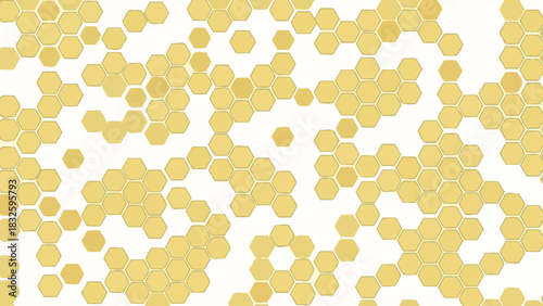 Abstract background with a futuristic pattern of golden yellow honeycombs and geometric hexagonal shapes on a white canvas