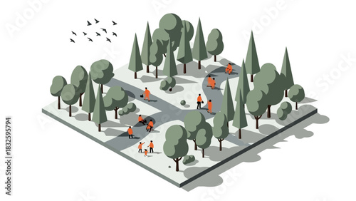 Isometric vector illustration of a public city park with people walking on paths among green trees