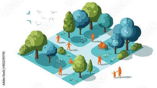 Isometric Park Illustration People enjoying a vibrant, colorful public green space with trees