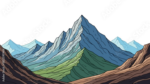 Vibrant illustration of a majestic mountain range with diverse peaks and valleys, showcasing a scenic layered landscape in a stylized vector art drawing
