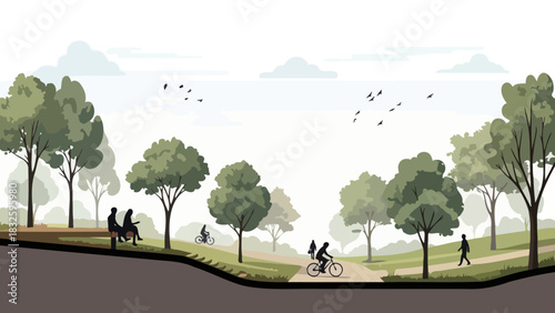 Vector Illustration of a Sustainable City Park Cross-Section, Depicting Lush Greenery, Winding Paths, and Active People Enjoying Leisure Time Outdoors