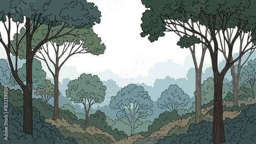 Illustrative forest landscape with diverse trees, evoking tranquility and nature's beauty