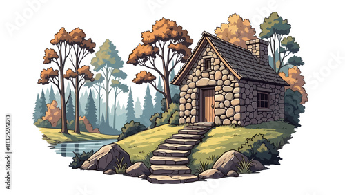 Cozy Stone Cottage Illustration Amidst Autumnal Scenery with Trees and Water