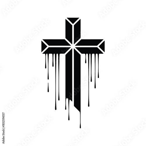 A dripping black cross, symbolizing faith, sacrifice, and the enduring power of belief, rendered in a stark, minimalist style with a modern edge