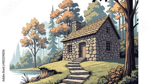 Rustic stone cottage nestled beside a tranquil lake surrounded by autumnal trees