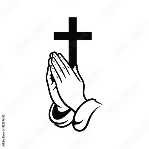 Praying hands with a cross, symbolizing faith, hope, and spirituality in a simple yet powerful black and white illustration