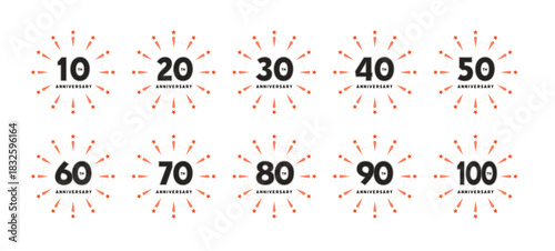 黒い太文字の数字とオレンジ色の花火の装飾が華やかな10周年から100周年のアニバーサリーロゴマークセット、記念日のアイコン素材