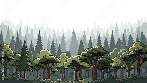 A serene and misty forest landscape with towering evergreen and deciduous trees under a hazy sky