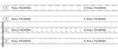Perforated tear strip border line. Paper rip with text open here with knife or scissor sign for box, package, page, letter, coupon or ticket. Cutting guide for easy open packaging