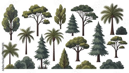 A diverse collection of various trees and bushes for landscape and nature illustration