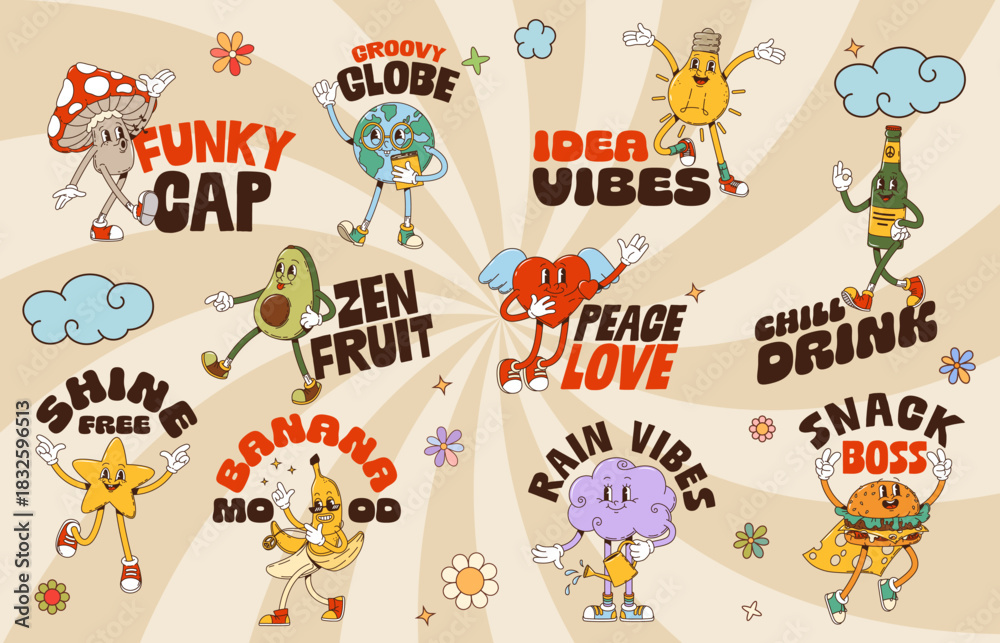 Obraz premium Vintage funny Y2K groovy characters stickers for label patches, cartoon vector set. Groovy stickers with funky mushroom whistling and cool freaky banana, love heart character with happy smile on face