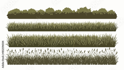 A vector collection of green grass, reed, and bush silhouettes. Set of isolated natural plant borders for landscape design