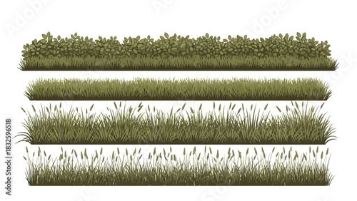 Collection of realistic green grass and plant borders for design