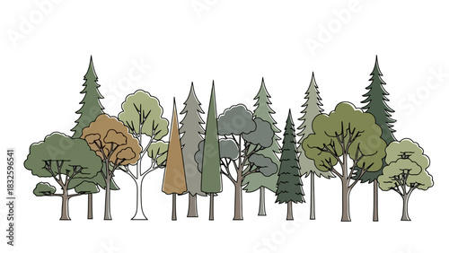 Collection of various types of trees in a stylized, artistic illustration