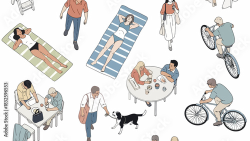 Isometric view illustration of a diverse community enjoying outdoor leisure activities like cycling and relaxing in a city park